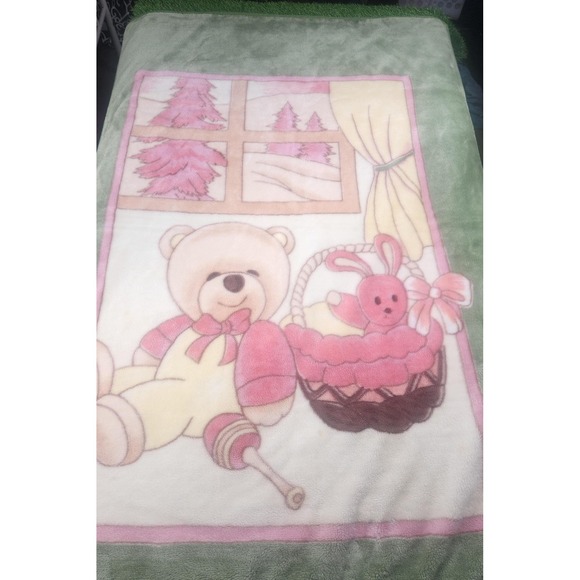 Popitex Other - Popitex‎ Bear Soft Plush Baby Blanket Green Pink 100x140cm Girls Polyester